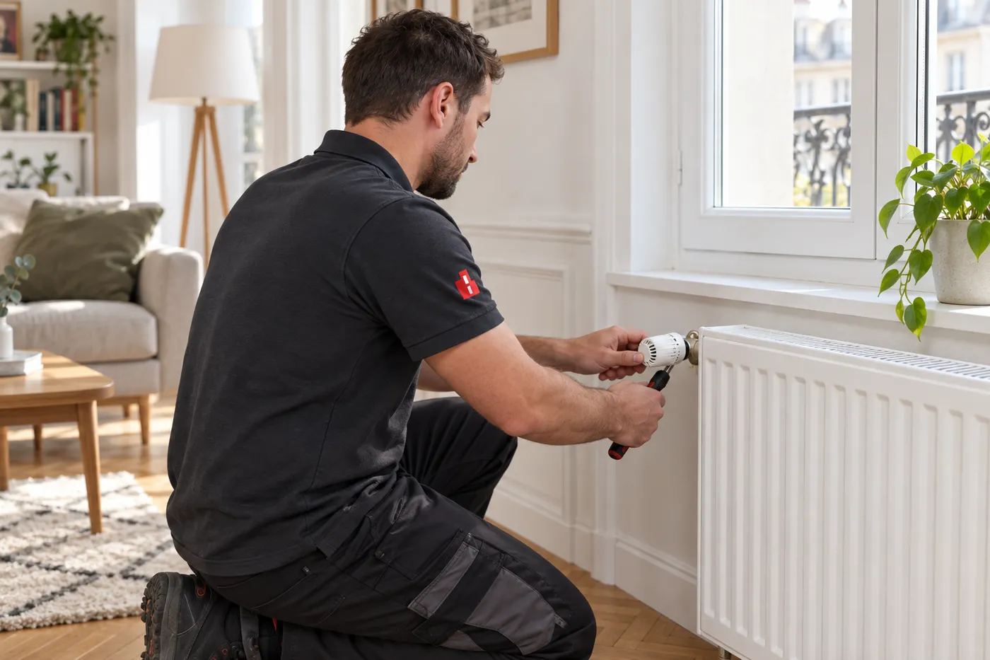 Chauffagiste réglant la tête thermostatique d'un radiateur dans un salon des Hauts-de-Seine