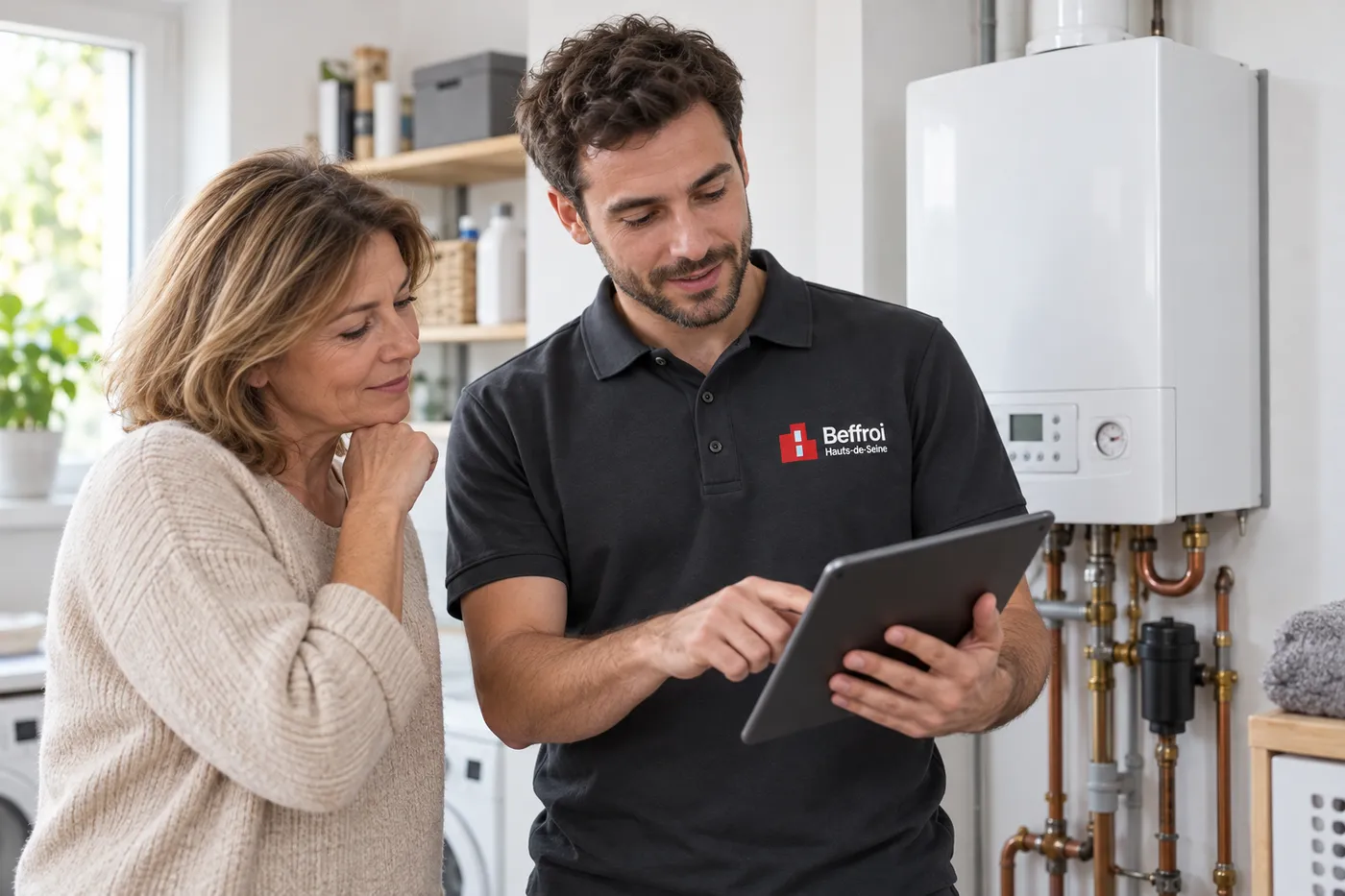 Chauffagiste présentant sur tablette le diagnostic d'une chaudière en panne à une habitante